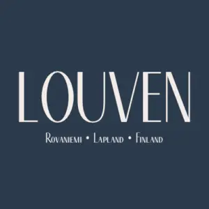 Kuvassa Louven logo, jossa tumman sininen pohja ja vaalealla kirjoitettuna isolla LOUVEN ja sen alla tekstit Rovaniemi, Lapland, Finland.